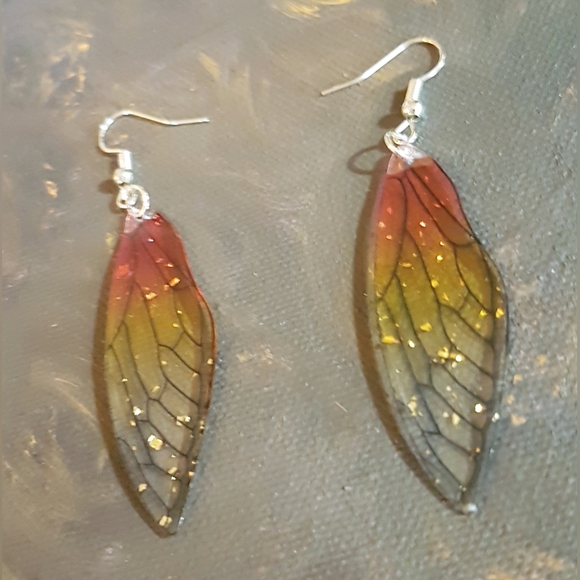 Winging It Earrings Red and Yellow Transluscent Wings Handmade Jewelry - Picture 6 of 12